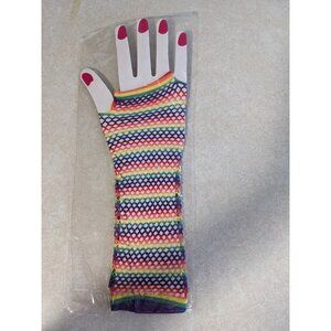 Rainbow Fingerless Fishnet Gloves – Women’s Elbow-Length Fashion Statement Party